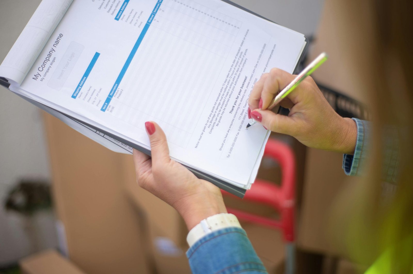 Close-up of woman's hand signing a document on a clipboard. Ideal for business and legal themes.